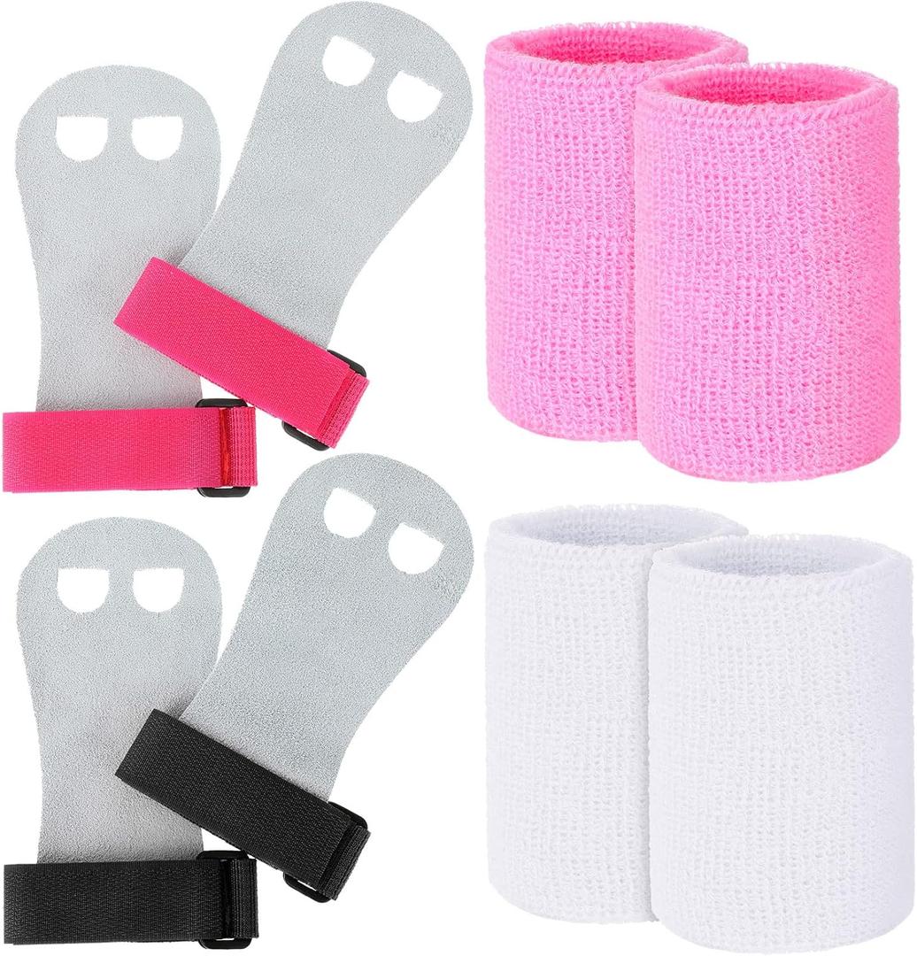 2 Gymnastics Grips Wristbands Sets for Kids Youth, Palm Protection and Wrist Support Sports Accessories for Workout Exercise (Pink, Black, White)
