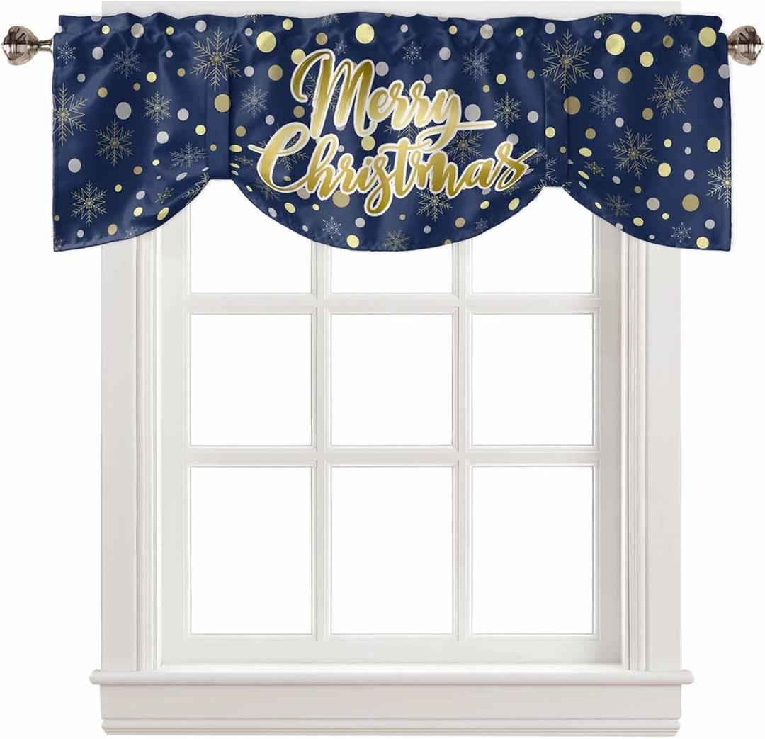 Merry Christmas Tie Up Valances for Windows Navy Blue Gold Polka Dot Winter Snowflakes Curtain Valance Rod Pocket Adjustable Tie-Up Window Treatments Curtains for Kitchen Bathroom Bedroom, 42"x18"