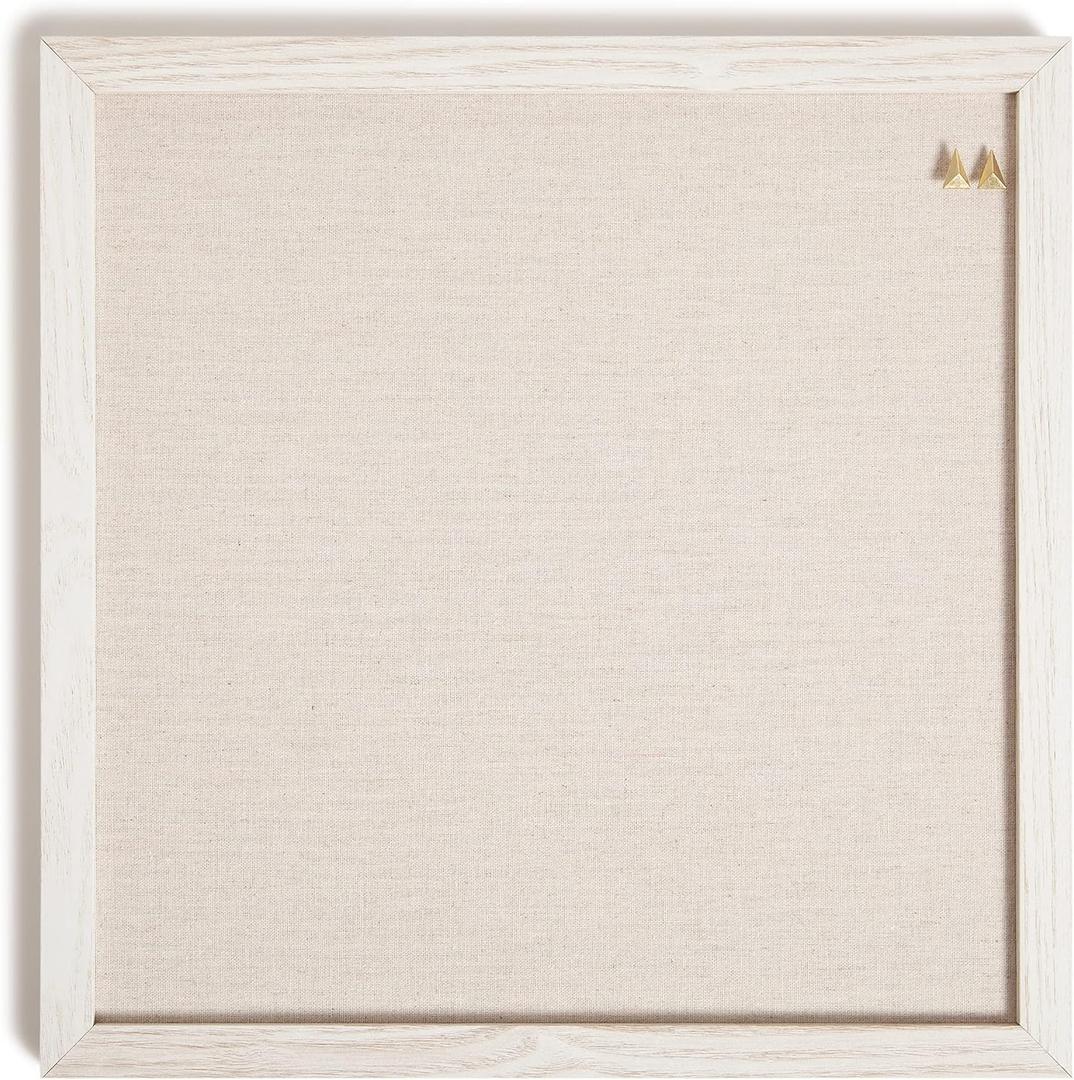 U Brands Rustic Linen Bulletin Board, 14" x 14", White Wood Style Frame, Industrial Grade Pinning Surface, Includes Push Pins