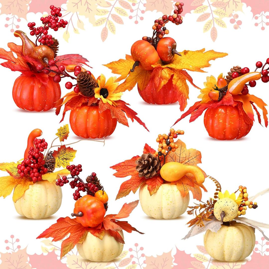 8 Pcs Thanksgiving Pumpkin Decor Set Fall Table Centerpieces Fake Pumpkin Berry Acorn Pine Cone Maple Leaves for Autumn Thanksgiving Home Table Decorations (Orange,Beige)