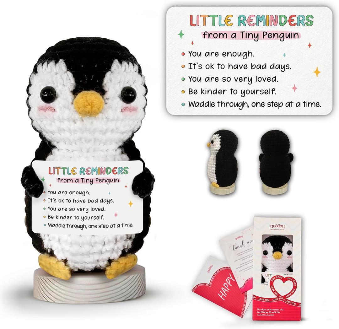 Gossby Positive Penguin Crochet - Inspirational Gift for Women, Men - Emotional Support, Birthday, Encouragement, Thinking of You, for Friend, Coworker, Boss - Little Reminders