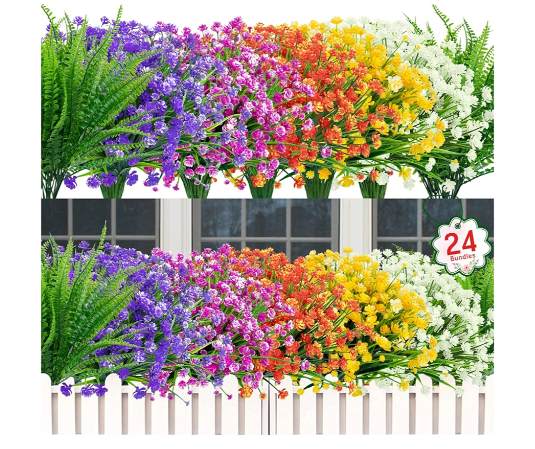 Ouddy Decor 24 Bundles Artificial Flowers for Outdoors UV Resistant Fake Plastic Plants Faux Boston Fern Greenery Stems for Spring Summer Indoor Garden Patio Window Box Kitchen Home Decor, Mixedcolor