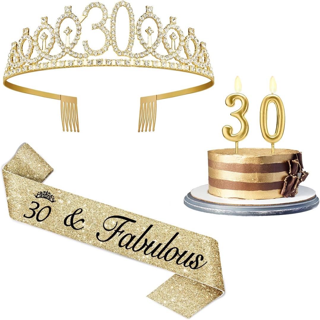 30th Birthday Decorations for Her with 30th Birthday Sash and Crown, Candles Gold, Gifts for 30 Year Old Woman
