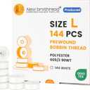 New brothread 144pcs Type L (SA155) Size White Prewound Bobbin Thread Plastic Side for Commercial & Home Embroidery and Sewing Machines - 90 Weight Cottonized Soft Feel Polyester Sewing Thread