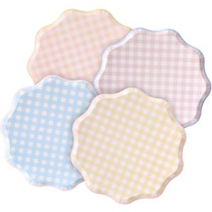Jinei 24 Pcs Gingham Cake Dessert Paper Plates 10.5 Inch Checkered Disposable Party Plates Plaid Scalloped Edges Dinner Tableware for Easter, Birthday Party, Picnic, Summer, 4 Pastel Colors