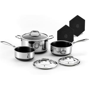 HexClad Hybrid Nonstick 6-Piece Pot Set with 2 Silicone Trivets, 2, 3, and 8-Quart Pots with Tempered Glass Lids, Stay-Cool Handles, Dishwasher-Friendly, Induction Ready, Compatible with All Cooktops