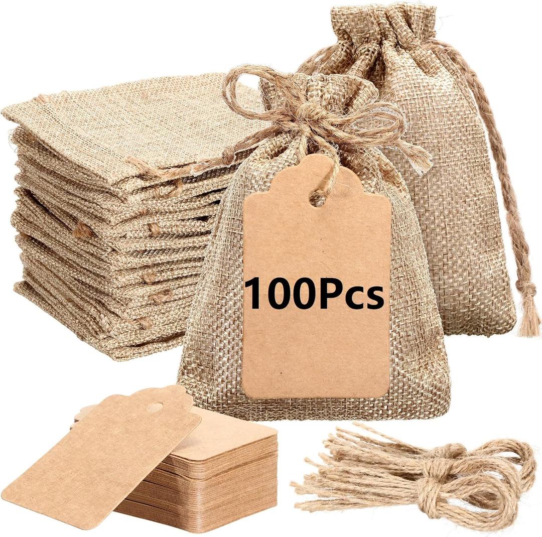 100 Pcs Burlap Bags with Gift Tags and String 3.5 x 5 Inch Small Burlap Sacks Drawstring Bags Reusable Linen Jewelry Pouches for Christmas Wedding Party Favor Gift Wrapping Bulk