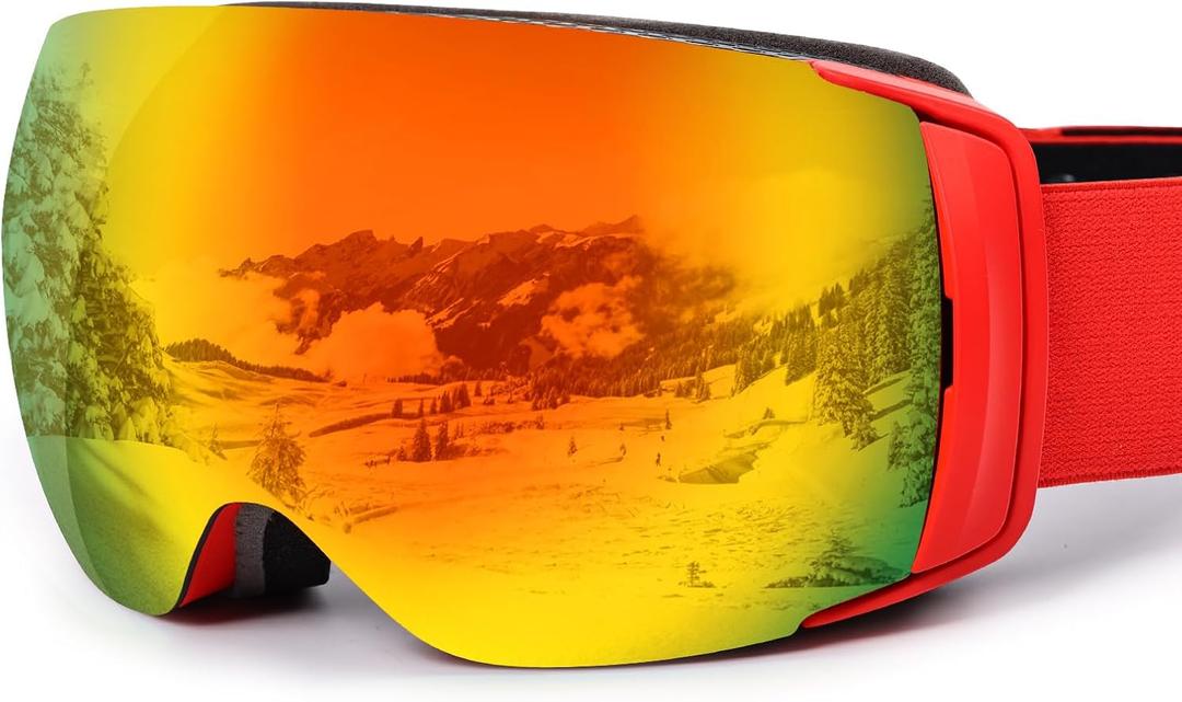 Ski Goggles Men Women OTG Anti-Fog/Scratch 100% UV-Magnetic Lens-Snowboard Snow Goggles for Men & Women (E-red Frame Revo Red Vlt 25%)