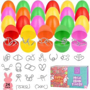 2 x 24 Pack Easter Basket Stuffers with Metal Brain Teaser Puzzles  Prefilled Eggs with Mini Logic Toys & Instruction Cards, Classroom Gifts, Egg Hunt Prizes, Easter Party Favors for Kids Boys & Girls