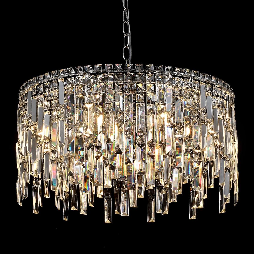 A AXILIXI Crystal Chandelier, 24" Modern Round Chandelier for Dining Room, K9 Large 8-Light Crystal Pendant Fixtures Raindrop Luxury Pendant Ceiling Light Chrome for Entryway Foyer Staircase