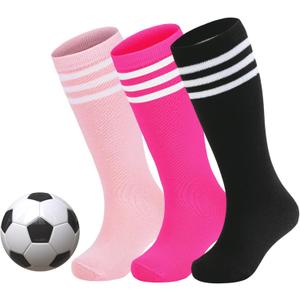 Zando Kids Soccer Socks Youth Baseball Football Softball Cotton Uniform Girls Knee High Socks (3-6 Years, Black/Hot Pink/Pink)