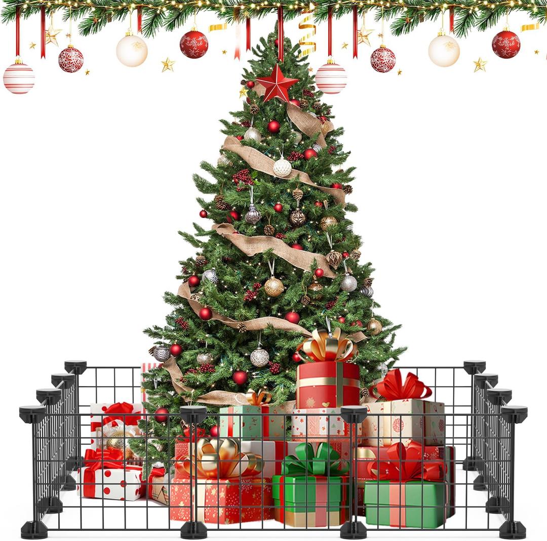 30 * 40cm/ 12 * 16Inch Black Christmas Tree Fence, Christmas Picket Around Tree, Fence Barrier for Dogs Cats Puppy Pets, 12Pieces