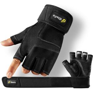 Glofit Workout Gloves with Wrist Wrap Support for Women & Men, Weight Lifting Gloves Fingerless Gym Gloves for Cycling, Training, Push-up (Black, M)
