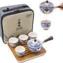 LURRIER Porcelain Chinese Gongfu Tea Set, Portable Teapot Set with 360 Rotation Tea maker and Infuser, Portable All in One Gift Bag for Travel, Home, Gifting, Outdoor and Office (Floral White)