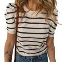 Dokotoo Women's Short Puff Sleeve Knit Tops 2026 Trendy Crewneck Striped T Shirts Casual Summer Blouses M