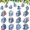 36Pcs 12-Design 3.14-Inch Christmas Blue Adorable Snowman Wooden Ornaments with Hemp Rope