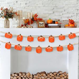 8.2 ft Fall Decor Wooden Beads Garland with Pumpkin Fall Tiered Tray Decorations for Home Pumpkin Wood Beads Hanging Banner Thanksgiving Farmhouse Decor for Halloween Home Fireplace Autumn Hanging