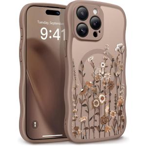 GVIEWIN for iPhone 17 Pro Case Compatible with MagSafe [Curly Wave Edge][Full Camera Protection] Floral Translucent Shockproof Magnetic Women Phone Case for iPhone 17 Pro 6.3'', Floratopia/Brown