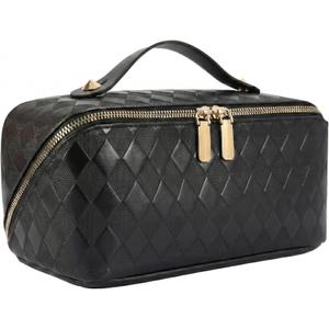 Large Capacity Travel Cosmetic Bag - Portable Makeup Bags for Women Waterproof PU Leather Checkered Makeup Organizer Bag with Dividers and Handle,Toiletry Bag for Cosmetics