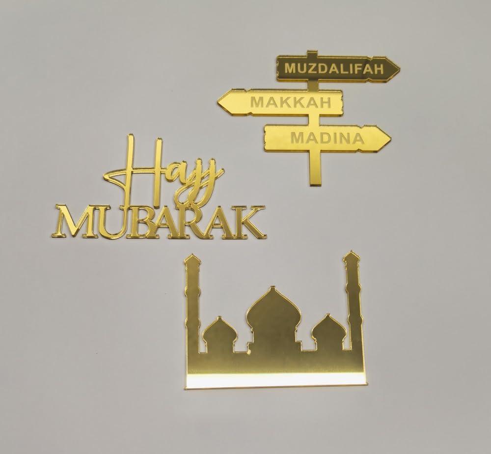 Hajj Mubarak Cake Topper,Hajj Gift, Acrylic Hajj Topper for Eid Al Fitr & Eid Al Adha Festival Baby Shower Birthday Party Decorations (Gold Mirror)