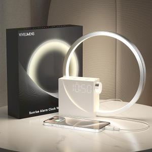 Vivilumens Sunrise Digital Alarm Clock, White Noise Sound Machine, Sleep Aid Timer with USB Port, Dimmable Digital Clocks Display, Snooze,10 Ringtones for Heavy Sleepers, Bedroom Decor Gifts for Women (Silver)