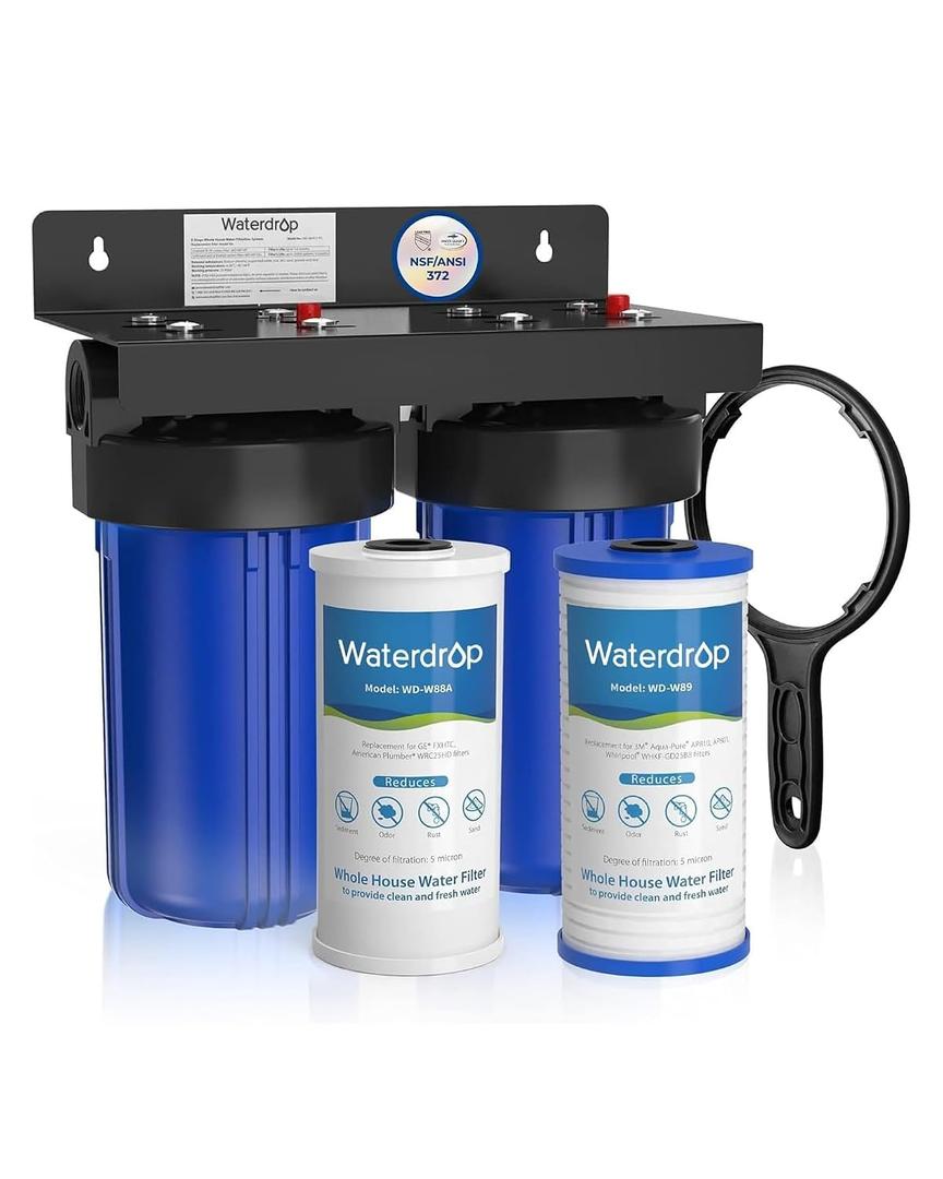 Waterdrop Whole House Water Filter System, with Carbon Filter and Sediment Filter, 5-Stage Filtration, Highly Reduce Lead, Chlorine, Odor and Taste, 2-Stage 5 Micron WD-WHF21-PG, 1" Inlet/Outlet