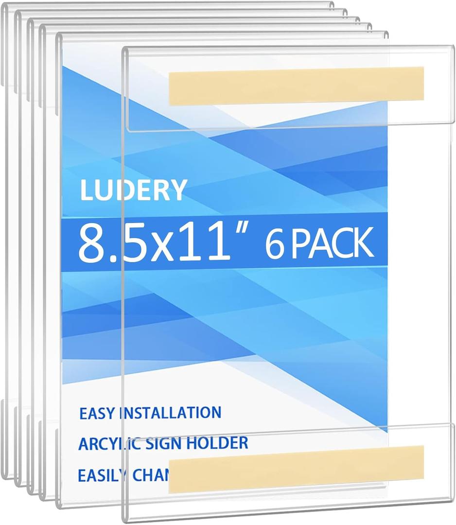 Ludery Acrylic Sign Holder 8.5 x 11 Wall Mount, Wall Mount Sign Holders, Clear Acrylic Frame with 3M Tape Adhesive, Plastic Wall Sign Holder for Office, Home, Restaurant-Vertical (6 Pack)