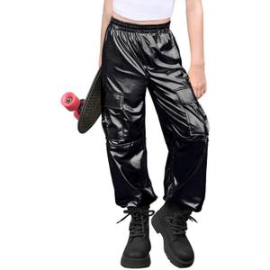 Haloumoning Girls Metallic Cargo Jogger Pants Kids Sparkly Hip Hop Dance Outfits High Waist Pants 5-14 Years (11-12 Years, Black)