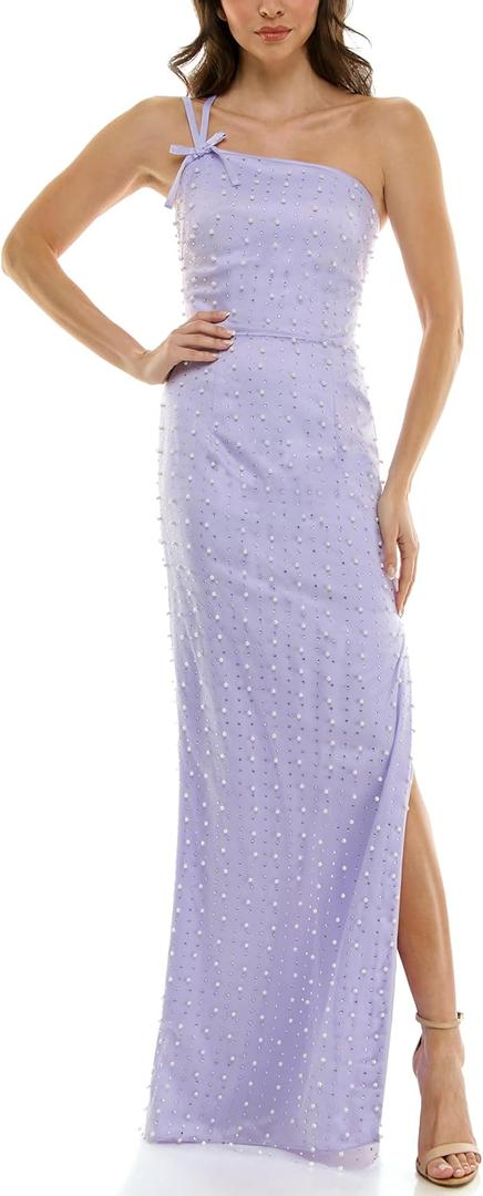 Women's Strappy One Shoulder Pearl & Rhinestone Embellished Gown (5-6, Lilac)