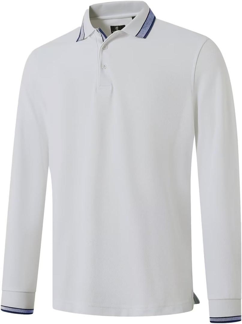 Men's Pique Polo Shirts Long Sleeve Cotton Blend Tipped Casual Collared Polo Shirts Business Classic Fit (White, L)