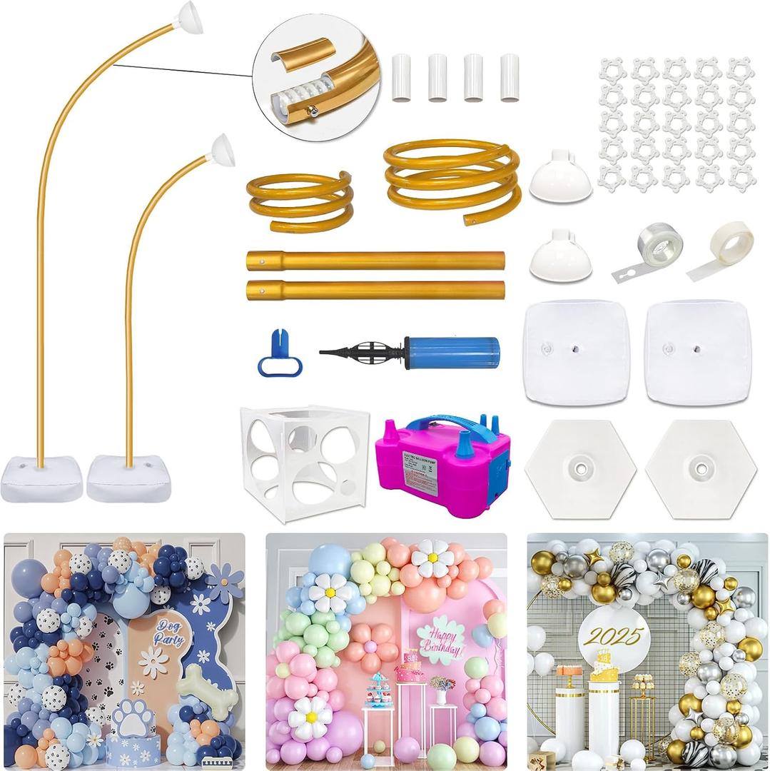 Balloon Arch Kit with Balloon Pump Electric, 8.2FT & 5FT Half Arch Free Bending Gold Balloon Stand Kit, Floor Column Backdrop Frame Balloons Stands for Wedding Baby Shower Birthday Party Decor