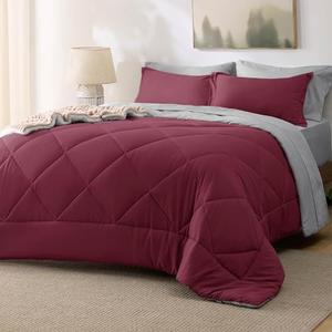 Bedsure Queen Comforter Reversible Burgundy Bedding, Queen Size Bed Set for All Seasons, Bed in a Bag with Down Alternative Comforter