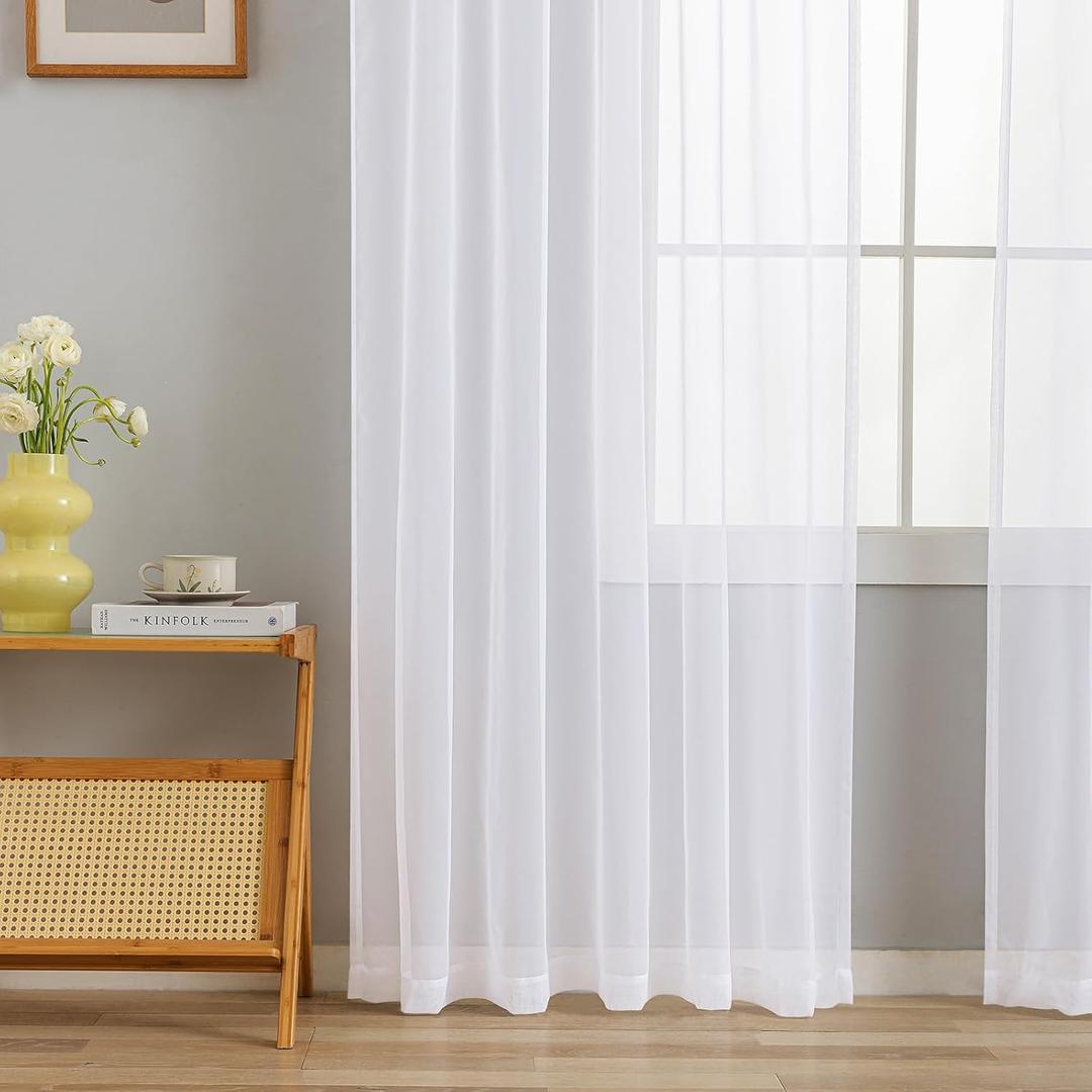 White Sheer Tulle Curtains - , 41"×86" Long, Rod Pocket, for Bedroom & Living Room, Pack Of 12 