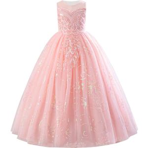 IDOPIP Sequin Appliques Flower Girl Dress for Kids Wedding Pageant Party Long Gown Princess Birthday Communion Tulle Dresses (Pink) 11-12Y