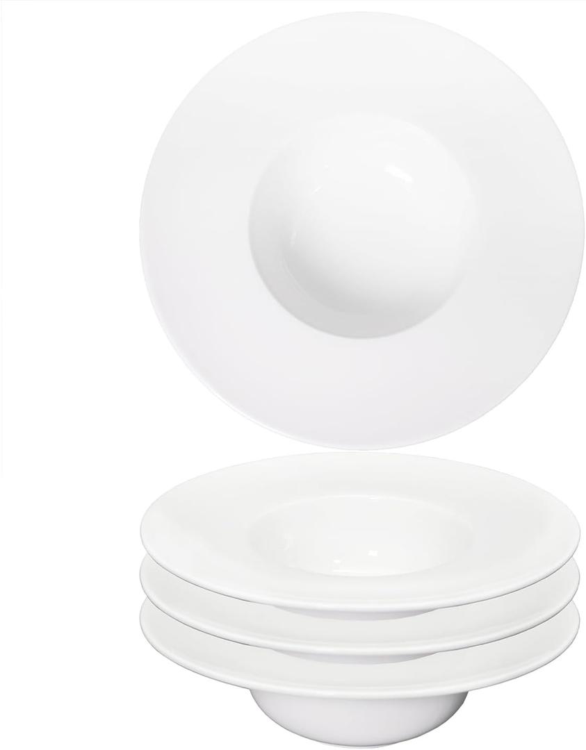 Soup Bowl, Soup Plate with Rim 12 oz, Pasta Bowl Set of 4, White Shallow Bowl Plate, Ceramic Wide Rimmed Soup Bowl, Best choice for high-end restaurants, hotels, and foodies, 8.86 Inch