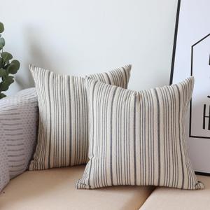 Gray Pillow Covers Farmhouse Linen Throw Pillow Covers Striped Outdoor Decorative Square Throw Pillows for Couch Sofa Bed 16 x16 in Pack of 2 Gray and Cream
