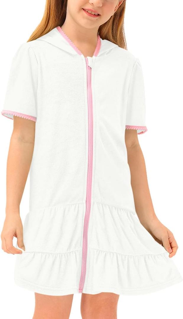 BesserBay Girls Summer Beach Quick Dry Cover Up Ruffle Hem Terry Smocked Hooded 4-14 Years with Pockets 160/XXL, Solid White