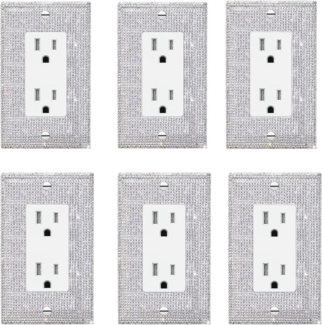 Gaocai 6 Pcs Silver Shiny Silver Rhinestones Outlet Covers Wall Plates Light Switch Cover Decorative Outlet Cover Switch Plates And Outlet Covers
