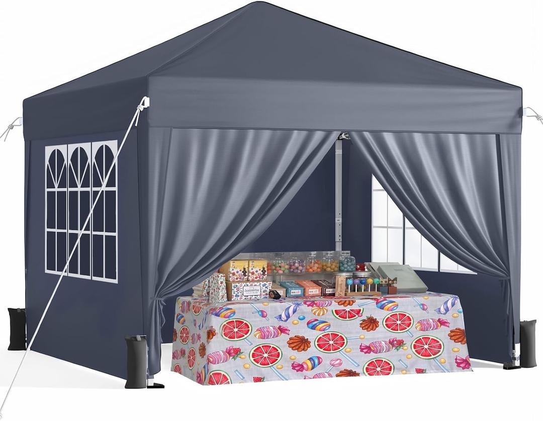 Driftalia 10x10 Pop Up Canopy Tent with 4 Sidewalls, Dark Grey | One-Push Center Lock, 3 Adjustable Heights, Carry Bag Included for Camping, Parties, Beach & Outdoor Events
