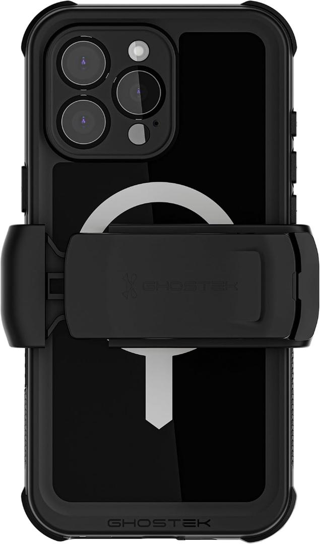Ghostek Nautical Waterproof iPhone 16 Pro Max Case with Belt Clip Holster - Screen and Camera Protector, Apple MagSafe Compatible, Rugged Heavy Duty Cover (6.9 Inch, Black)