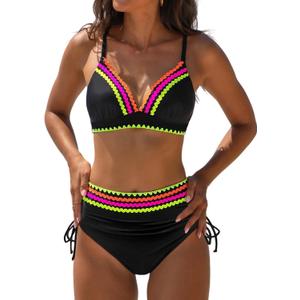 popvil High Waisted Bikini Sets for Women Tummy Control Swimsuits Two Piece Neon V Neck Drawstring Bathing Suits 2026 (Large, Black)