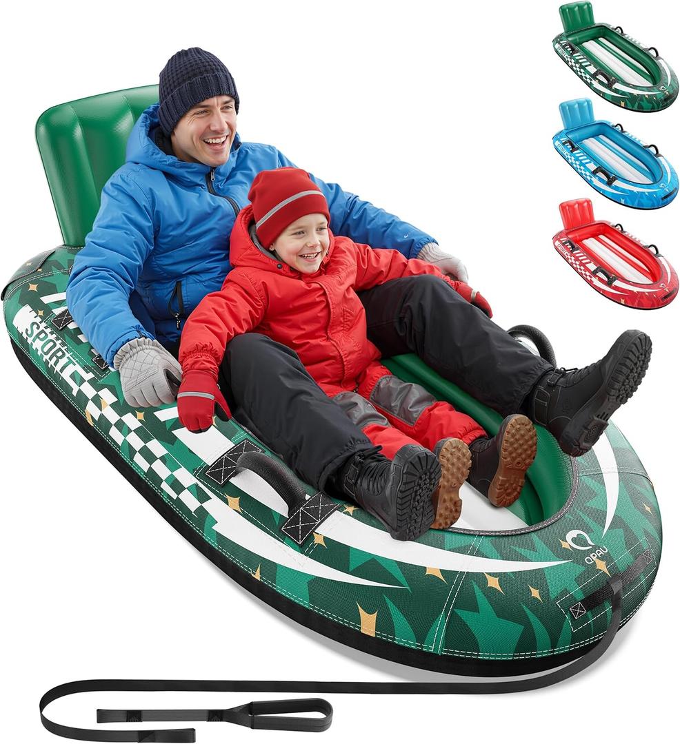 QPAU 2-Person Inflatable Snow Sled with Premium Canvas Cover, Heavy Duty Sled with Backrest & Reinforced Handles, Snow Tubes for Kids & Adults, Winter Inflatable Toys (Green)