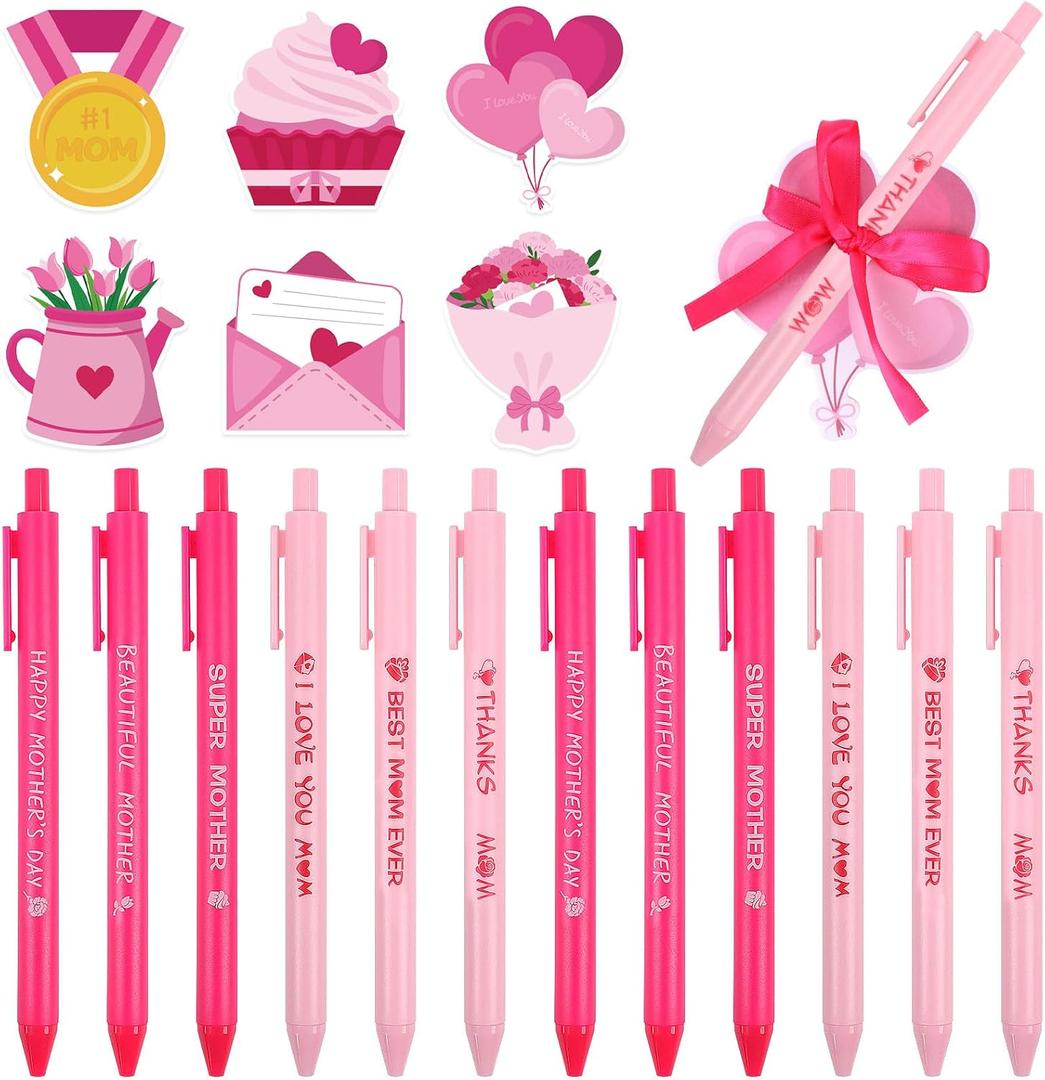 CCINEE 48pcs Mothers Day Notepads and Ballpoint Pens for Gifts Bulk, Pink Flower Sticky Notes Gel Ink Pens for Mothers Day Church School Office Coworker Gifts Sending