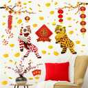 Chinese New Year Wall Decals 2026 Spring Festival Decoration Decal Chinese New Year Window Stickers Removable Fu Character Decor Lanterns Plum Blossom Vinyl Decals for Living Room Kitchen Party Supply (Red)
