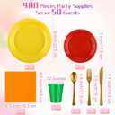 Aodaer 400 Pieces Colorful Dinnerware Set, Disposable Party Supplies Include 7/9 Inch Yellow Red Plastic Plates Green Cups Cutlery Napkins for Rainbow Birthday Party Decor, Serve 50 Guest