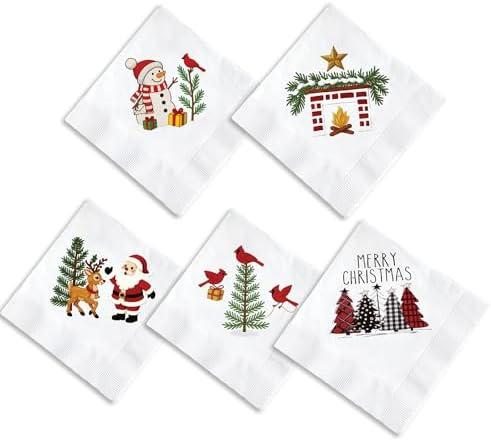 Christmas Cocktail Napkins – 100 Pack, 5 Festive Designs Holiday Napkins with Santa, Snowman, Trees, Cardinals, Reindeer – 2-Ply Disposable Paper for Xmas Party, Winter Events – 5 Inch