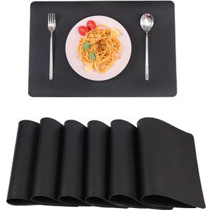 Leather Washable Placemats,Black Thick Faux Leather Heat Resistant Rectangle Table Mats,Waterproof Non-Slip Easy to Clean Placemats for Kitchen Coffee Dining Room Table Set of 6