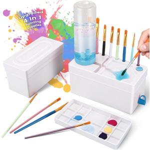 Paint Brush Cleaner, Upgraded 4-in-1 Painting Supplies, Paints Brush Holder with Palette, Brushs Rinser for Acrylic, Watercolor, and Water-Based Paints, Drawing and Art supplies with Paint Tray (Blue)