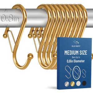 10-Pack Metal S Hooks for Hanging  Heavy-Duty S-Shaped Hook with Safety Buckle  Fits Bars up to 0.8 In  Anti-Drop S-Hooks for Kitchen, Bathroom, Closet & Pot Racks  Gold (Medium)