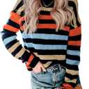 KIRUNDO Women's 2025 Fall Winter Striped Color Block Short Sweater Long Sleeve Crew Neck Casual Loose Knit Pullover Tops (Blue, XL)